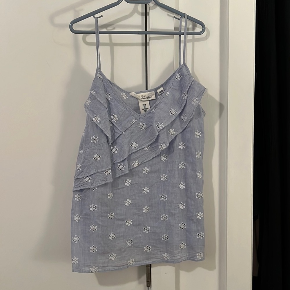 H&M L.O.G.G. Blue Ruffle Spaghetti Strap Top with Flower Stitch Pattern— Size: 6